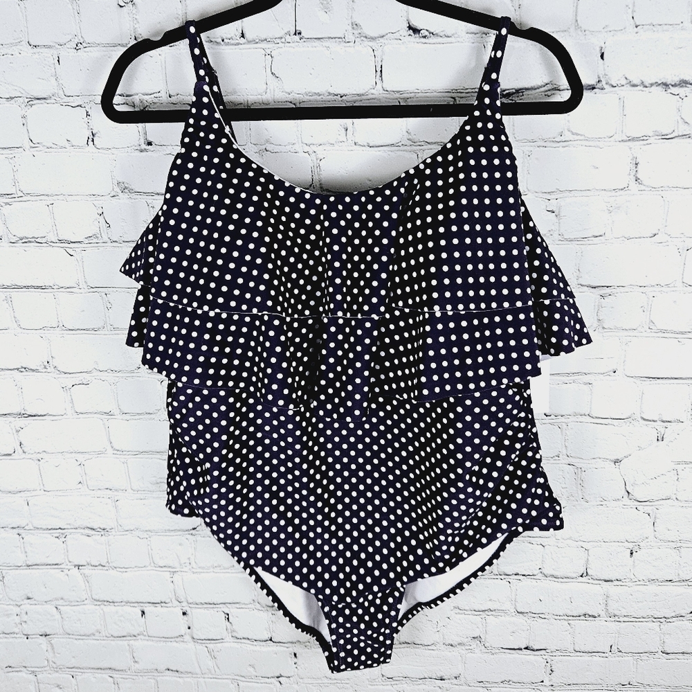 MEET CURVE | scoop neck ruffle polkadot one piece swim bathing suit